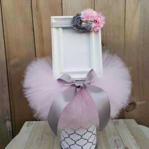 BABY GIRL TUTU AND HEADBAND GRAY PINK SIZE 12 MO